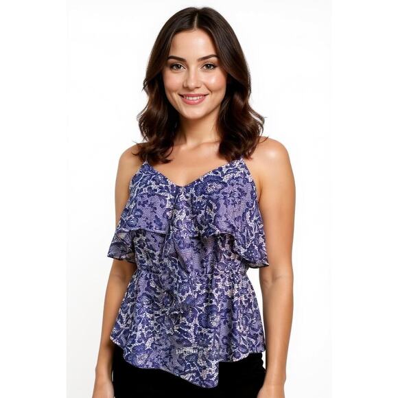 Rebecca Taylor silk tank top blue floral lace print adjustable straps Size 8 - Picture 1 of 7